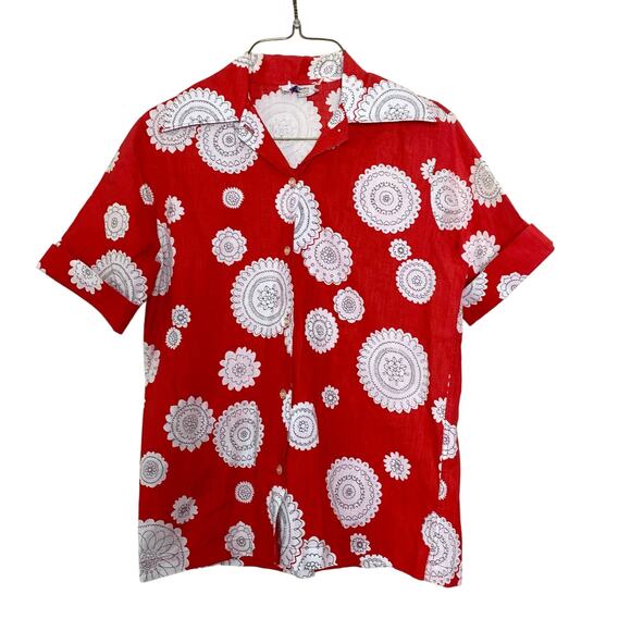 Jane Hunter red‎ white dot black doodle heart design button up top Size MEDIUM - Picture 1 of 5
